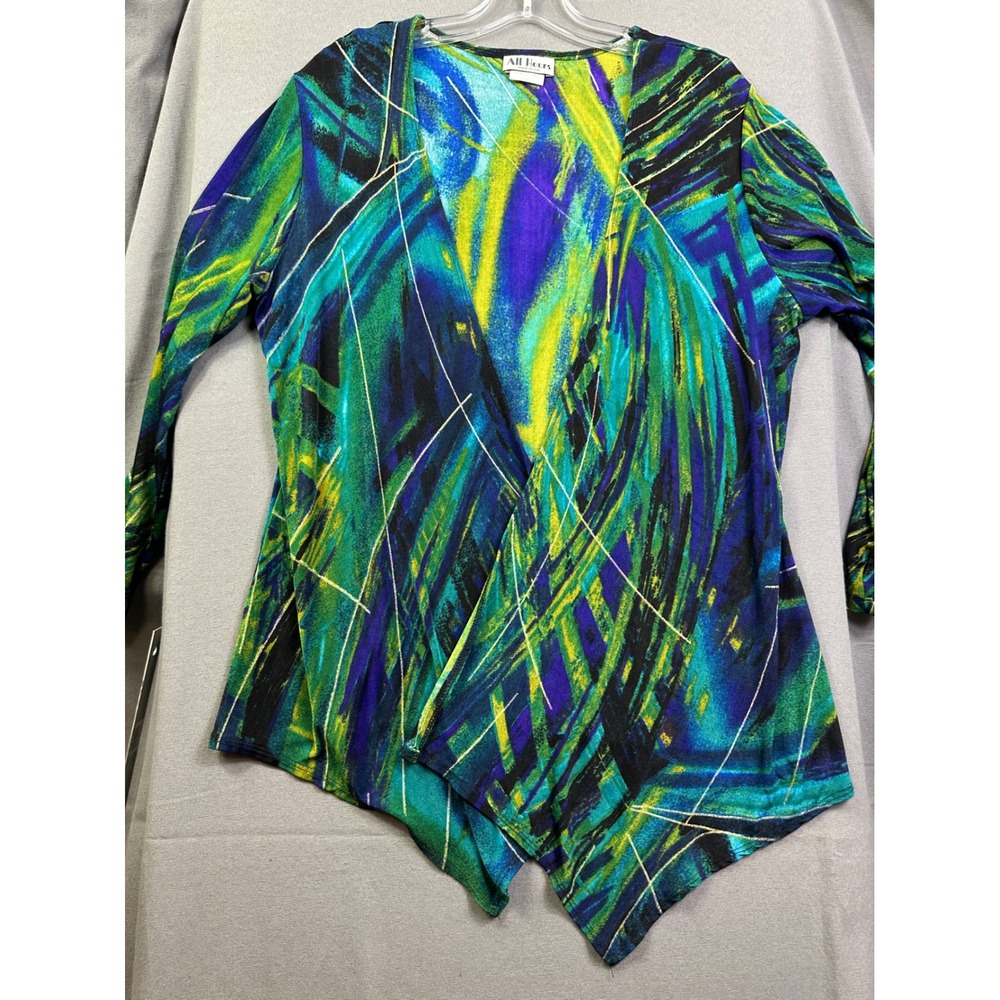 All Hours Women Large Abstract Print Open Front Cardigan Blue Green SharkbiteHem